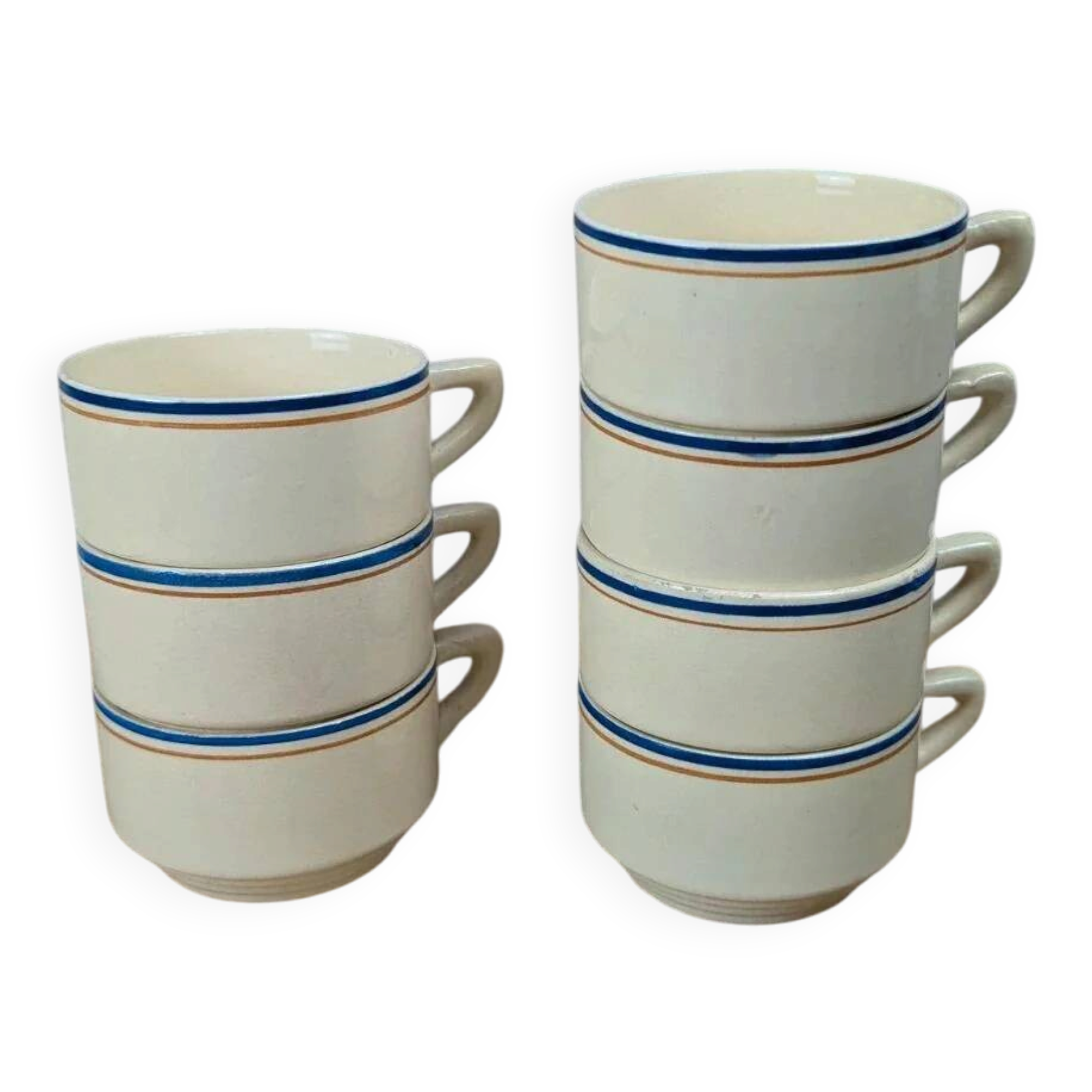 Set of 7 vintage cups Moulin des Loups – Blue and ochre trim, retro charm