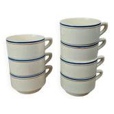 Set of 7 vintage cups Moulin des Loups – Blue and ochre trim, retro charm