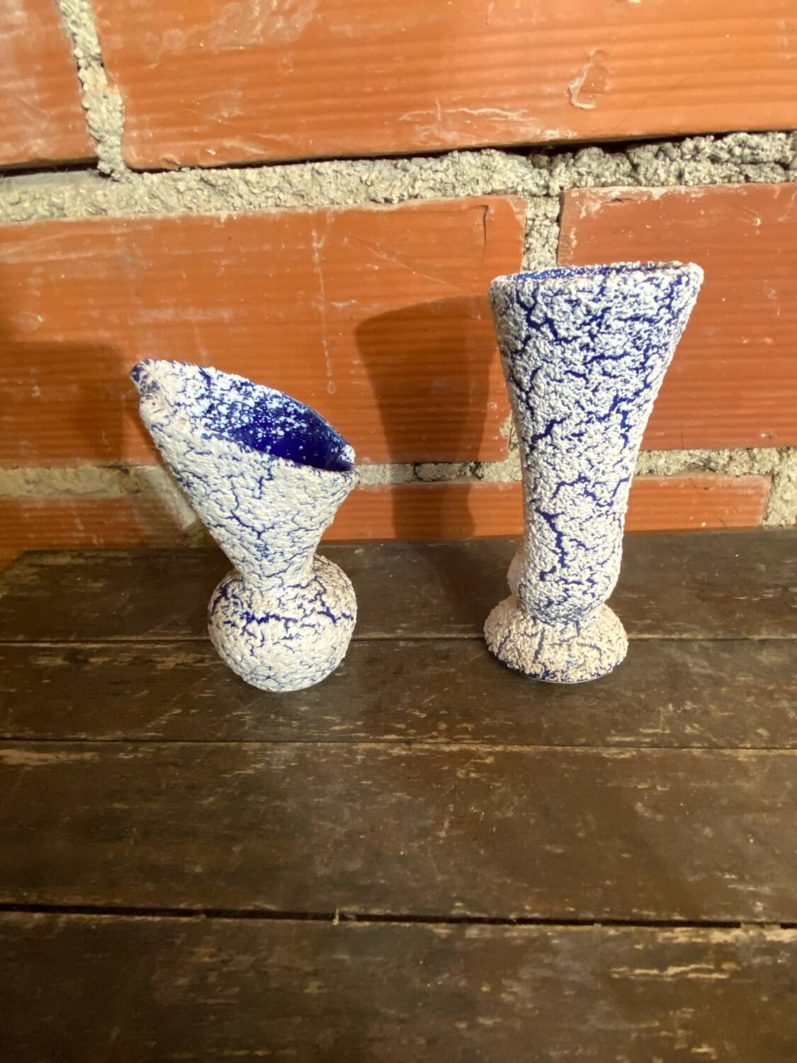 Pair of Snowstone Vases Ceramic White Blue France Vintage #D55