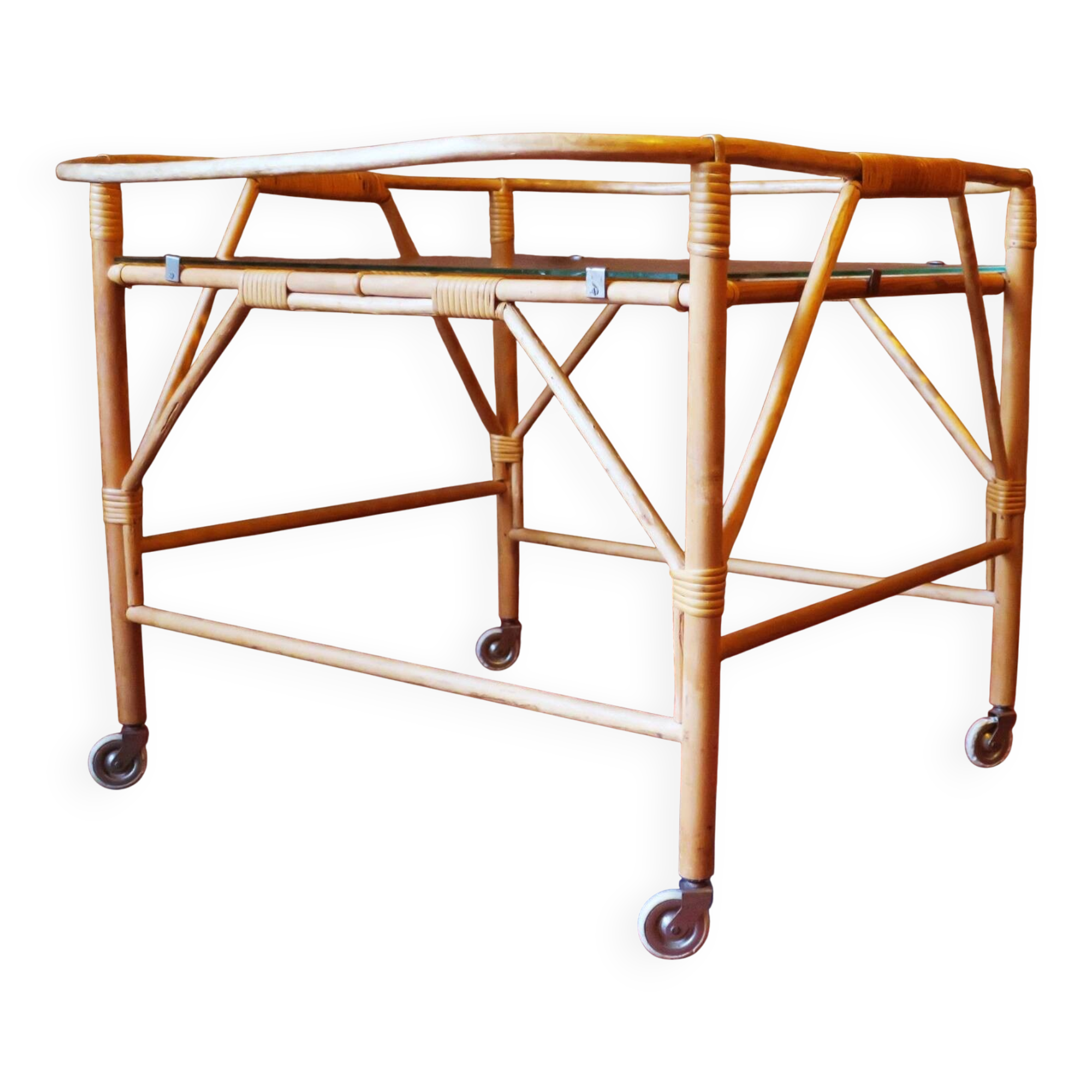 Bamboo and frosted glass fine serving trolley, 1950s-60s