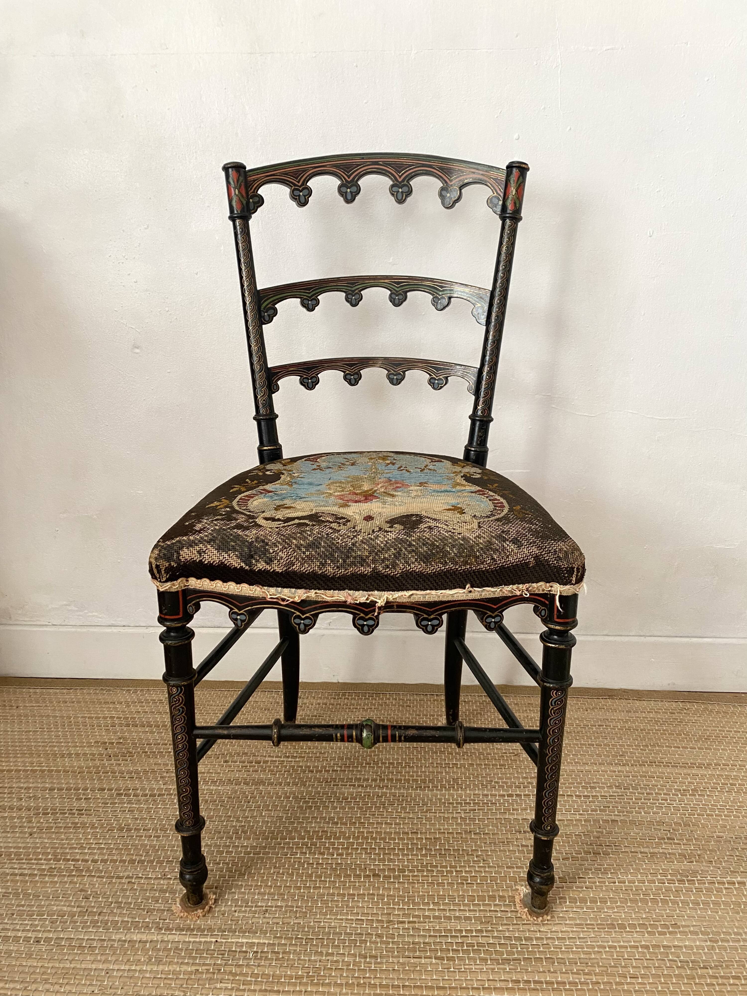 Antique chair napoleon III tapestry and painted wood