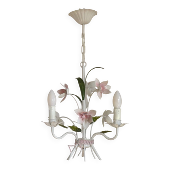 French Vintage 3 Arm Tied Bouquet Style Metal Pink Flower Candlestick 5364