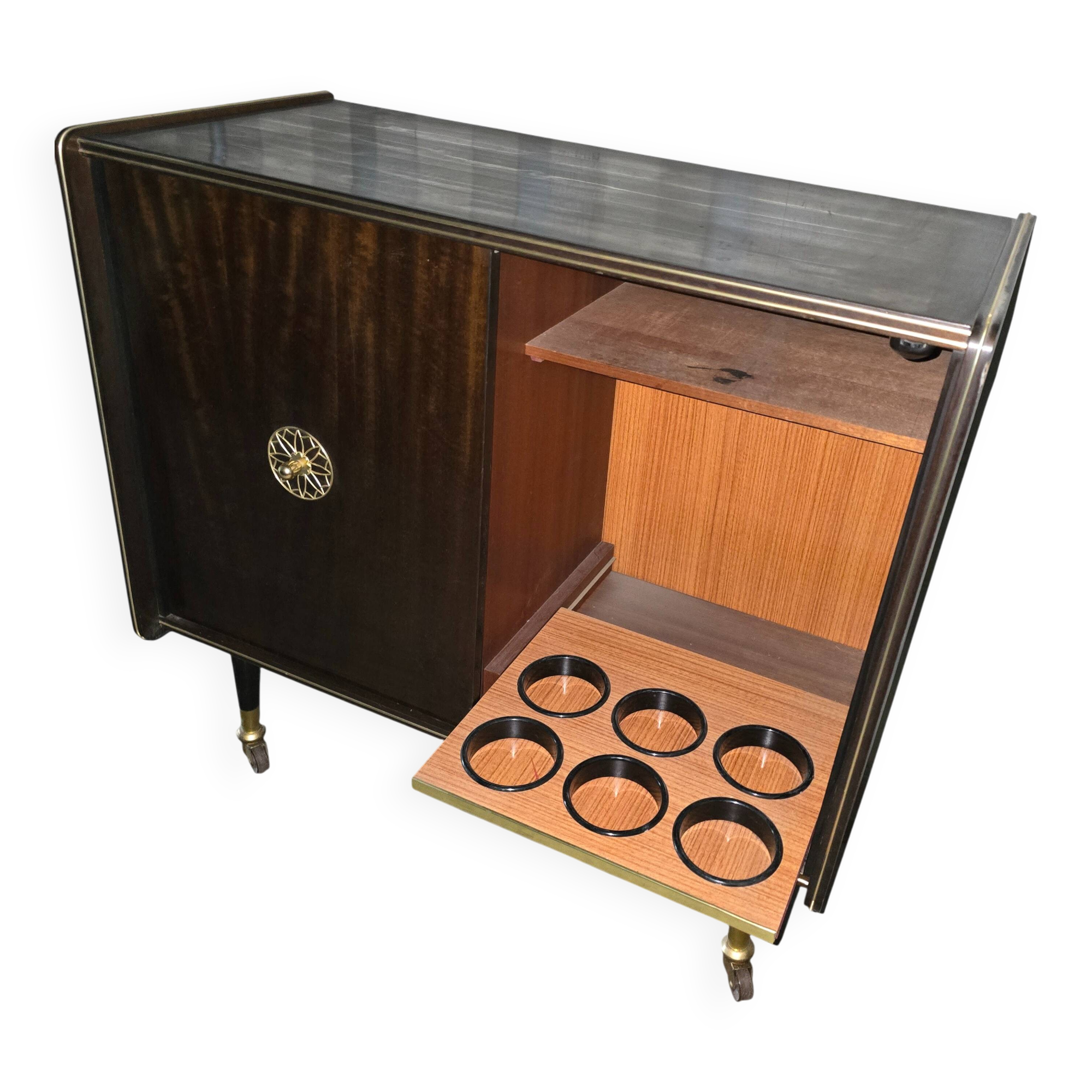 1950s/60s bar cabinet, upholstered interior & lighting