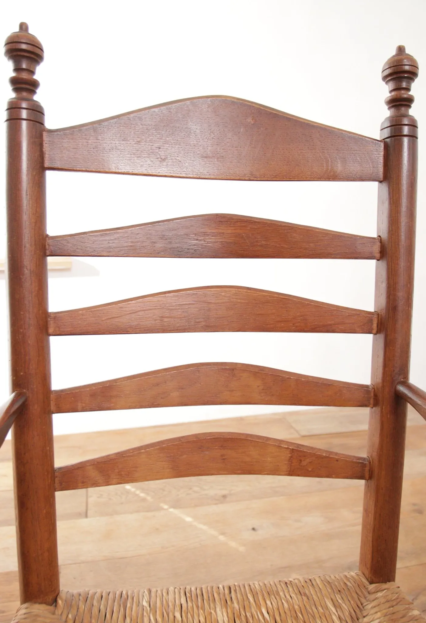 Dutch oak ladderback armchair with rush seat – 1950s