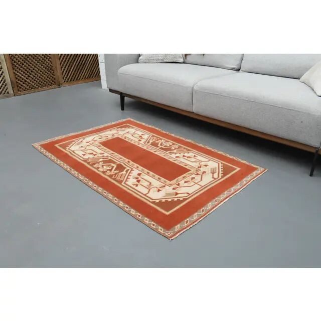 1970's Vintage Turkish Milas Handmade Wool Cotton Orange Area Rug 88x136