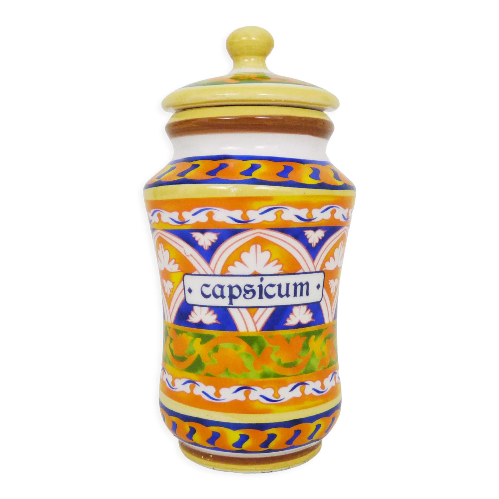 Old apothecary pot, Capsicum ceramic medicine jar. Year 70 80