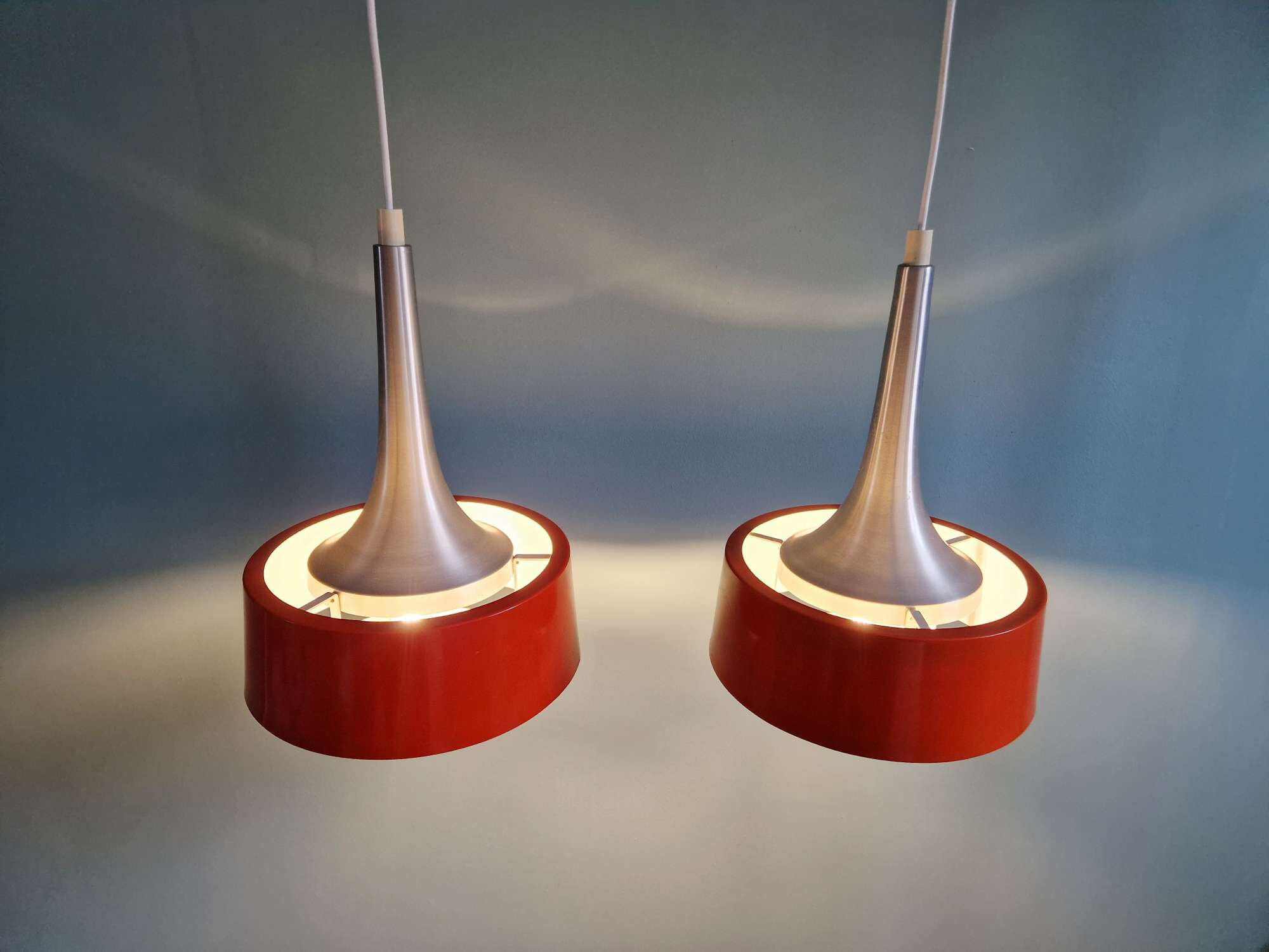 Pair of Scandinavian brushed aluminium pendants, Philips, 1960s