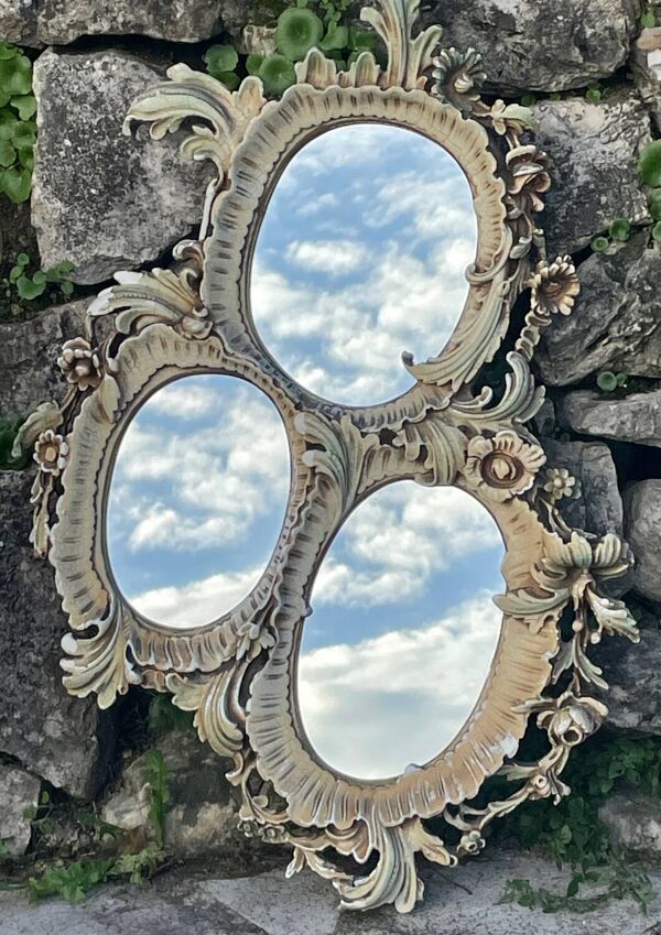 Console Vénitienne en céramique polychrome avec son miroir triptyque époque XIX eme siècle