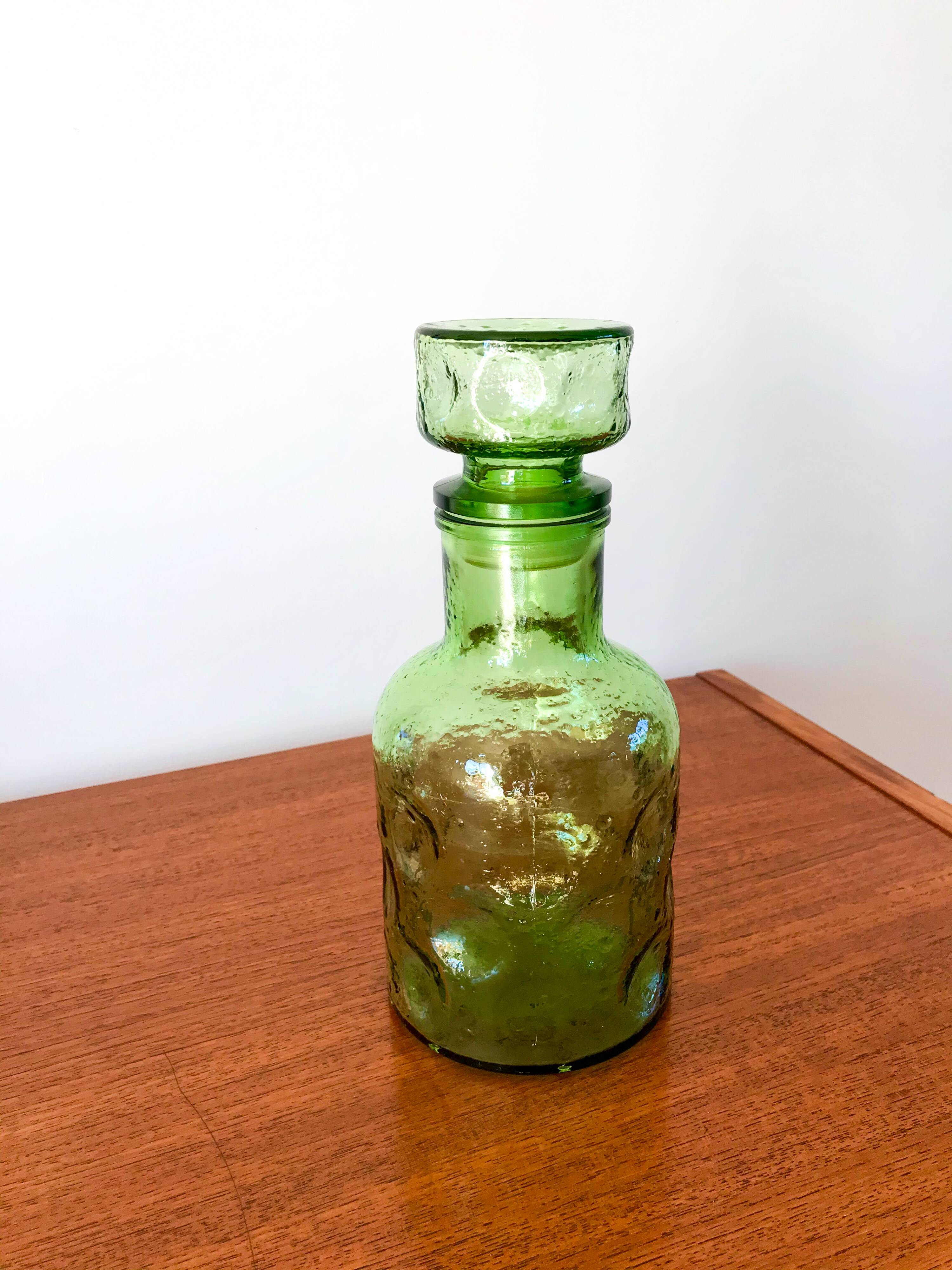 green bubbled glass carafe from the 70s