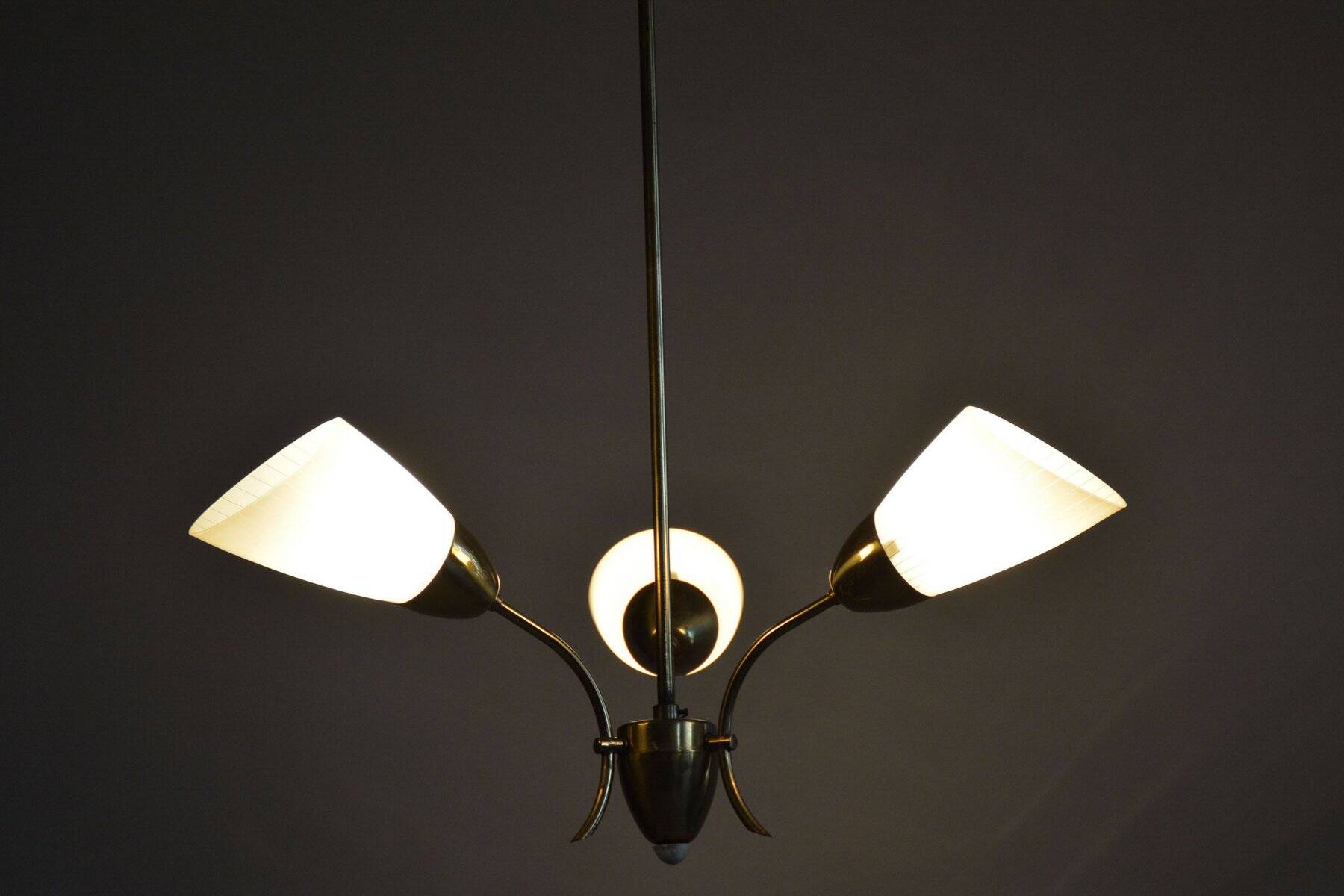 Mid-Century Chandelier in Brass and Frosted Glass, Czech, 1950s