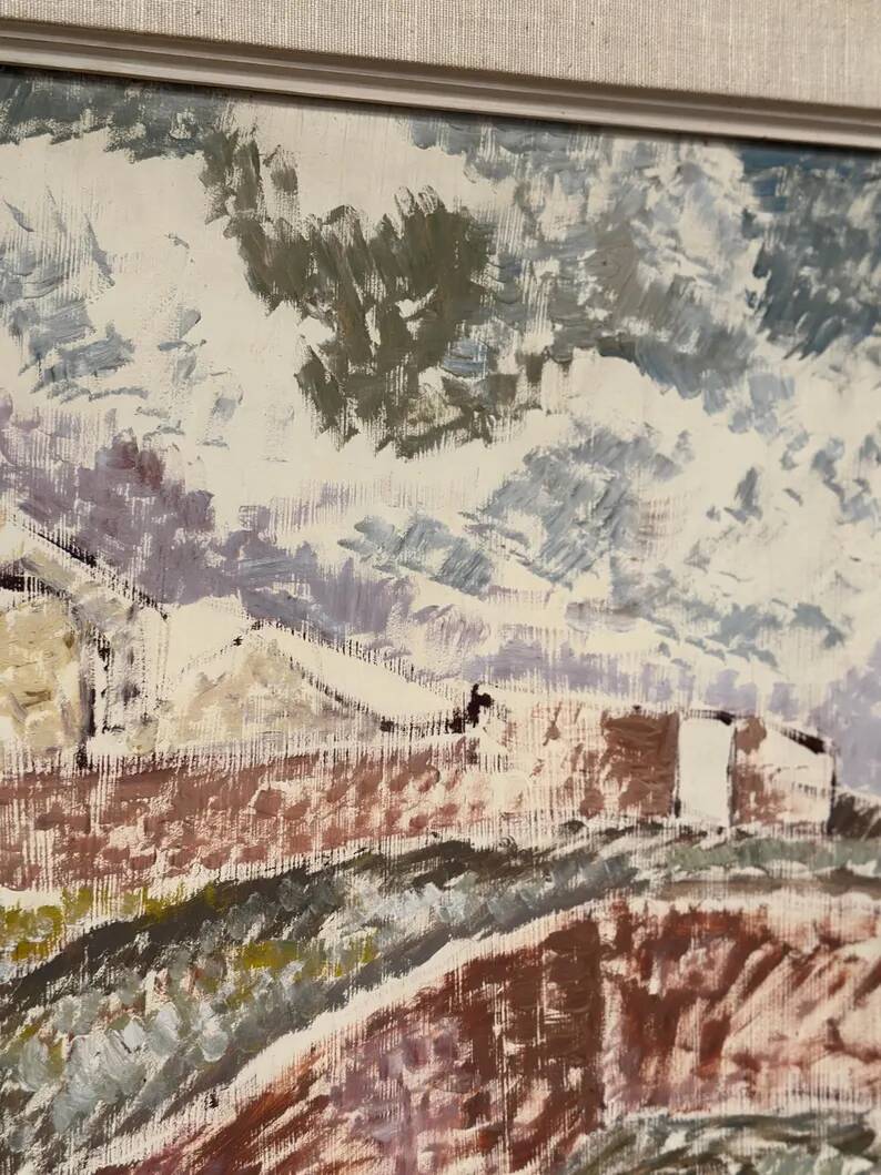 Original Swedish Oil on Canvas – "Landscape with Buildings" by Gösta Nordblad – Signed – Vintage and Framed
