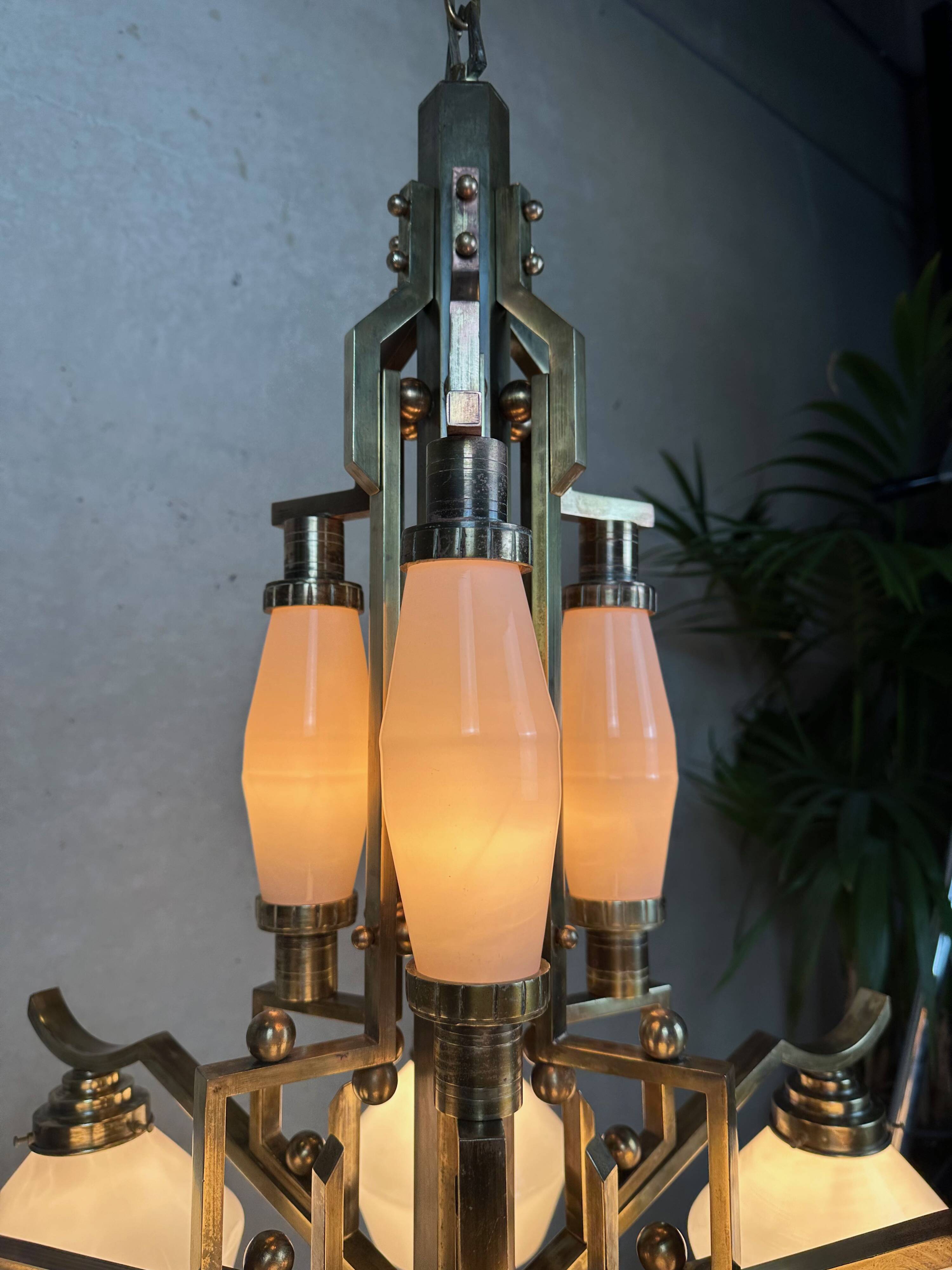 Art deco chandelier – opaline and brass