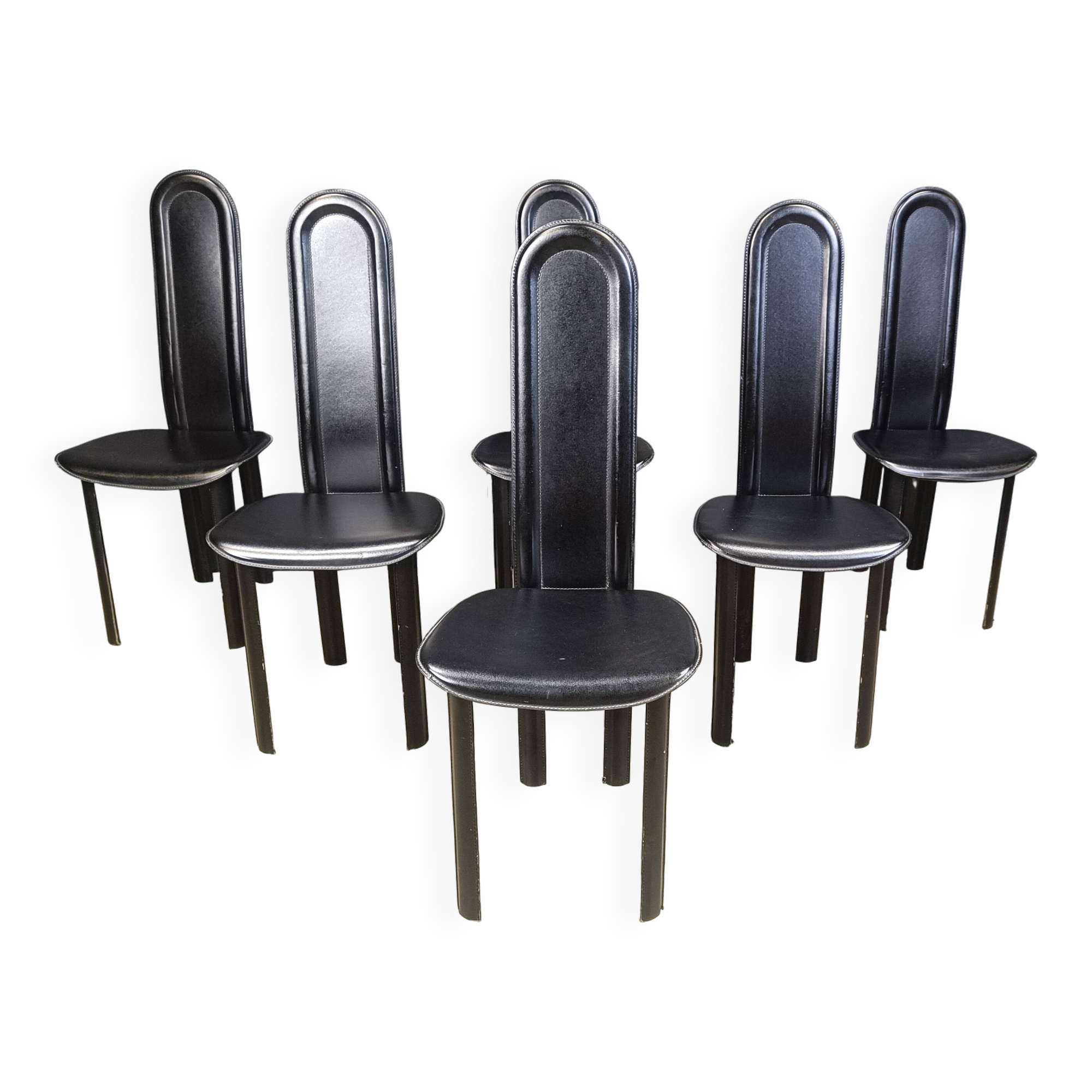 Set of 6 high back leather dining chairs, 1980s