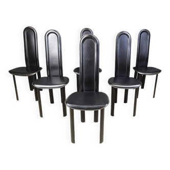 Ensemble de 6 chaises de salle à manger en cuir à dossier haut, années 1980