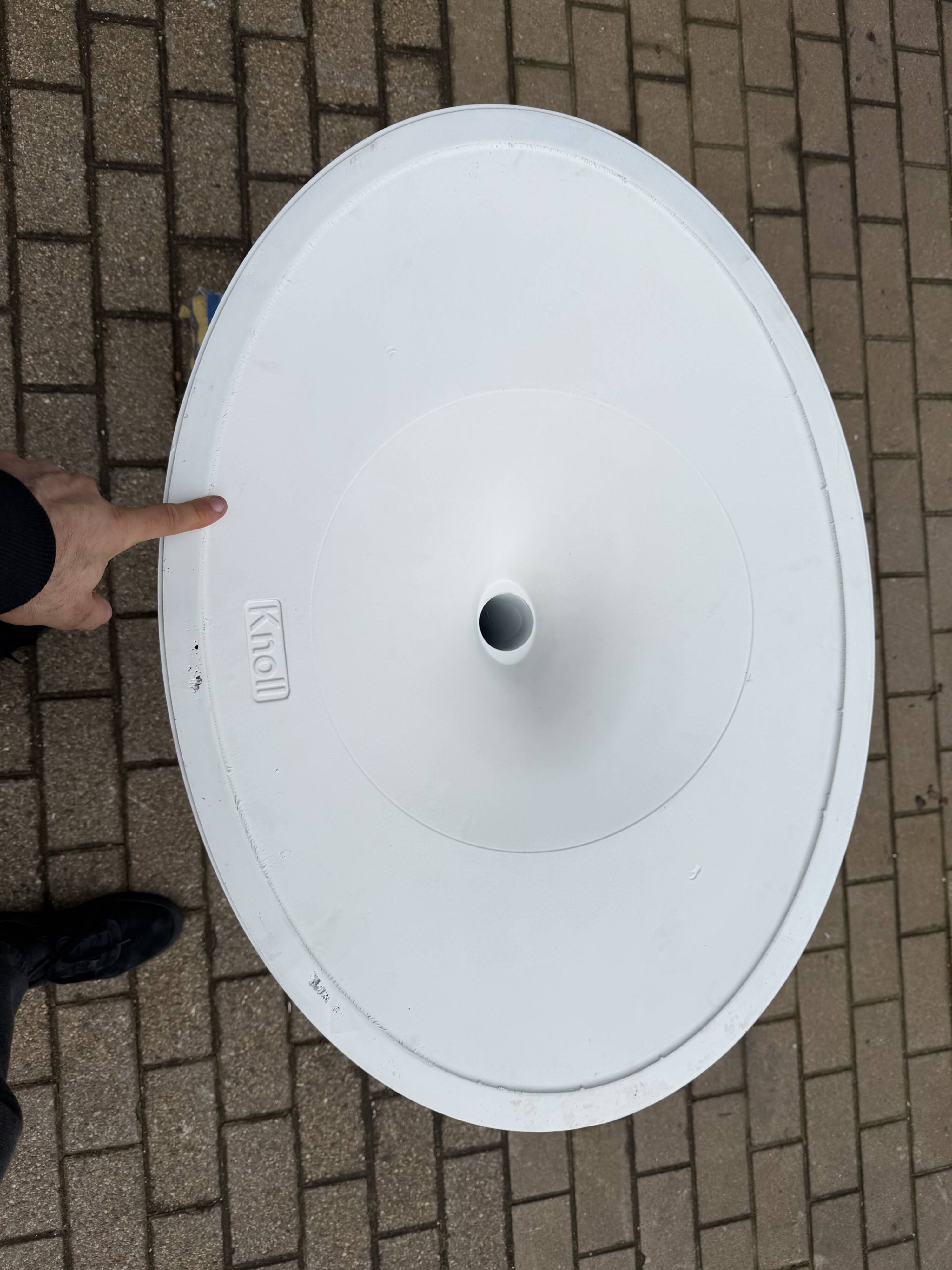 Original Knoll Tulip oval dining table (244cm) in Carrara marble.