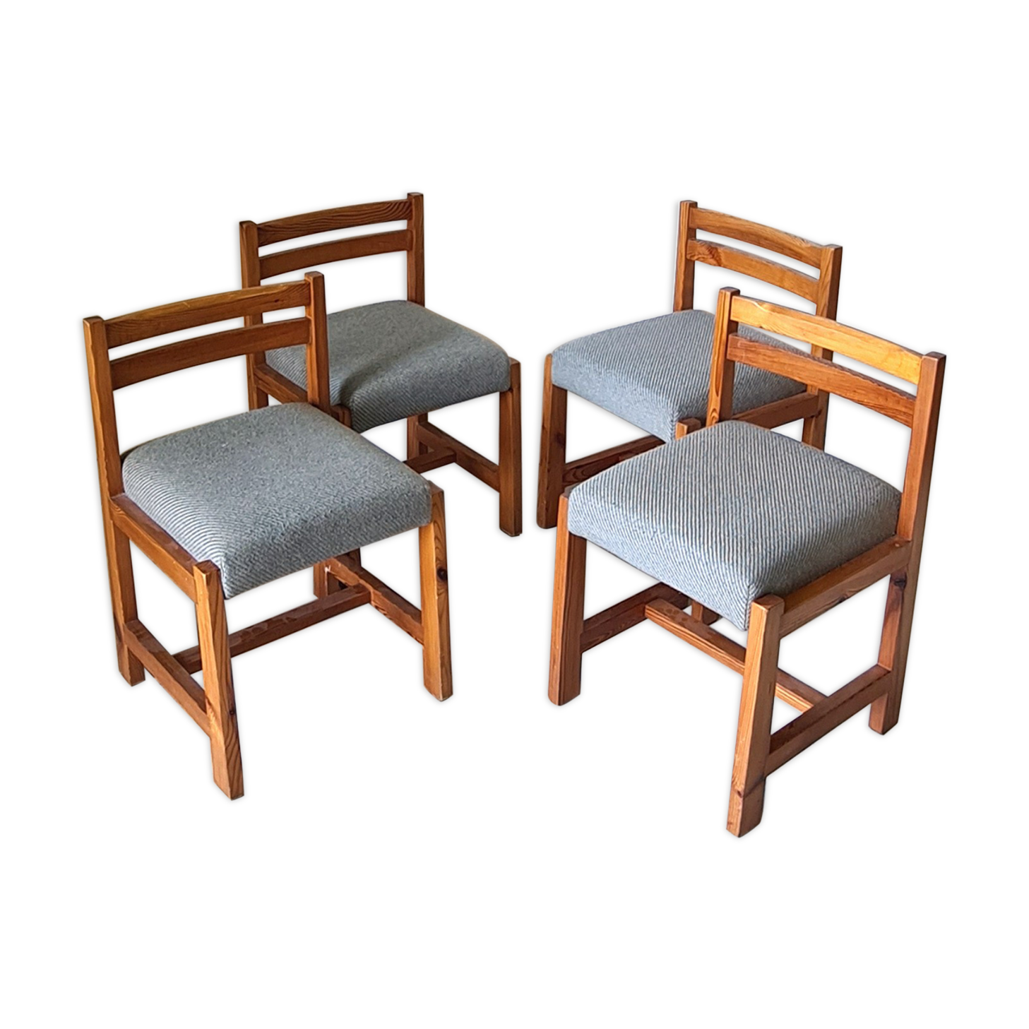 Modernist solid pine chairs with wool fabric seats, 1960s