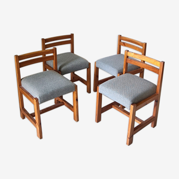 4 chaises modernistes en pin massif avec sièges en tissu de laine, années 1960