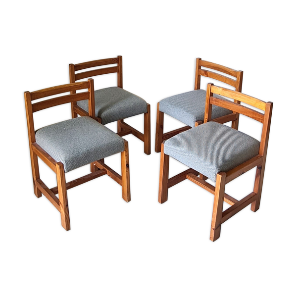 4 chaises modernistes en pin massif avec sièges en tissu de laine, années 1960