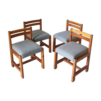 Modernist solid pine chairs with wool fabric seats, 1960s