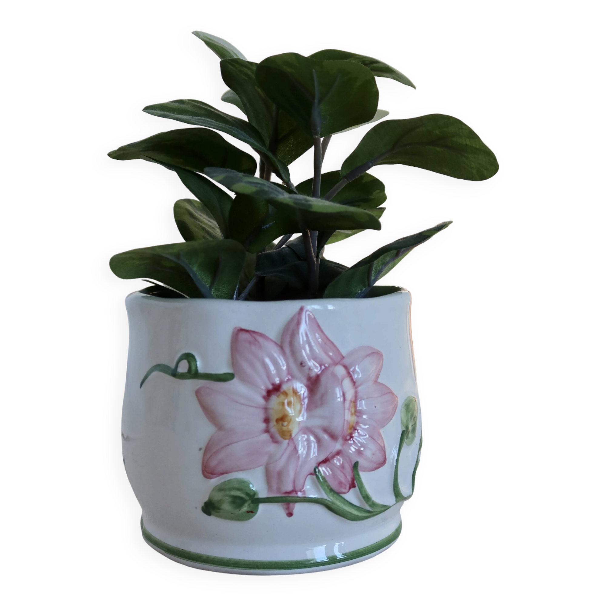 Petit cache pot vintage faience motif barbotine fleur rose