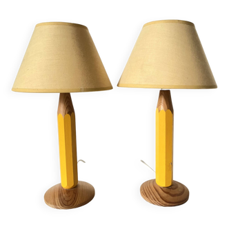 Pair of yellow pencil lamps, 80s