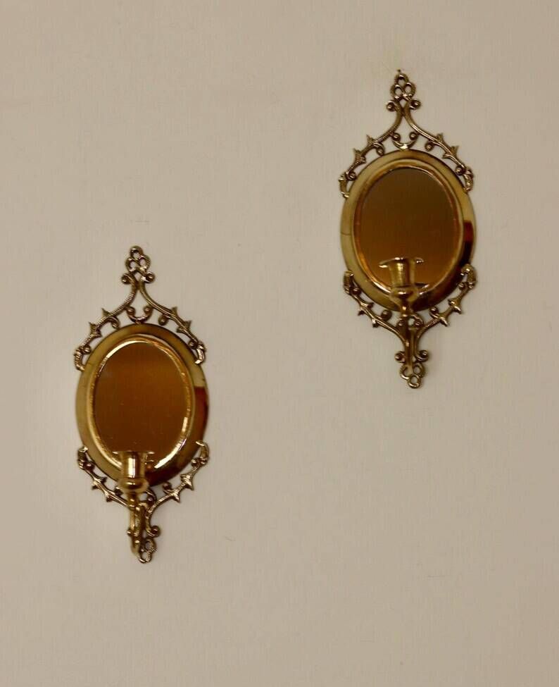 Pair of Mid Century Swedish Brass Sconces with Mirror