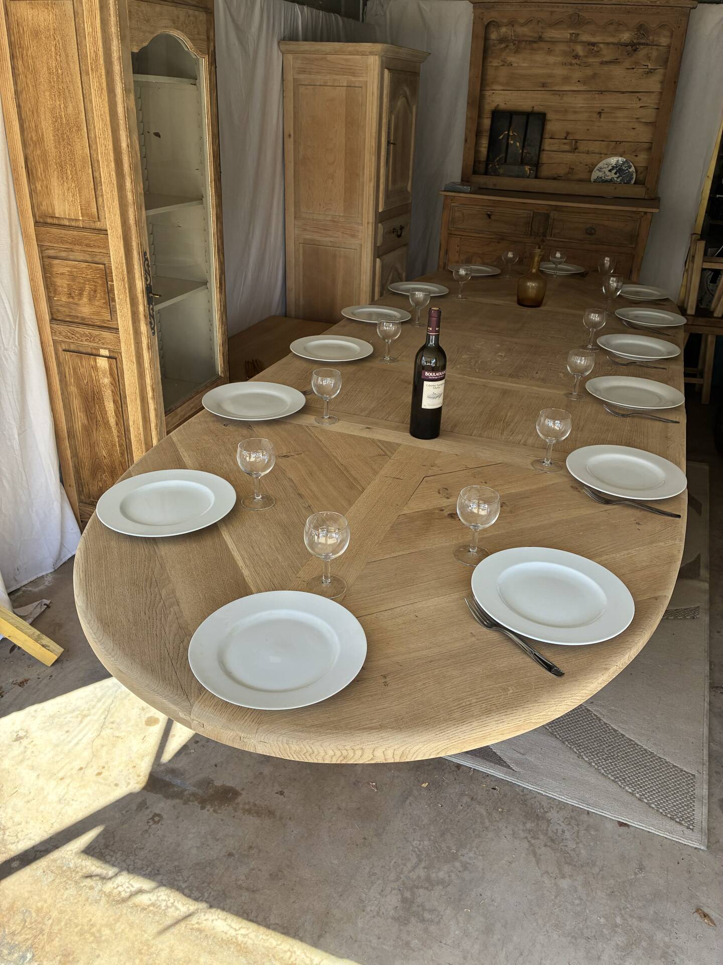 Solid oak farmhouse table with extensions.