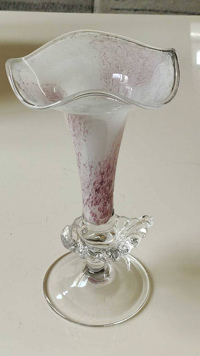 Peter Kaspar Soliflore Vase/Floral design, collared neck. Blown art glass, speckled purple. Shell inclusion. Dim 26.5 x 13 cm
