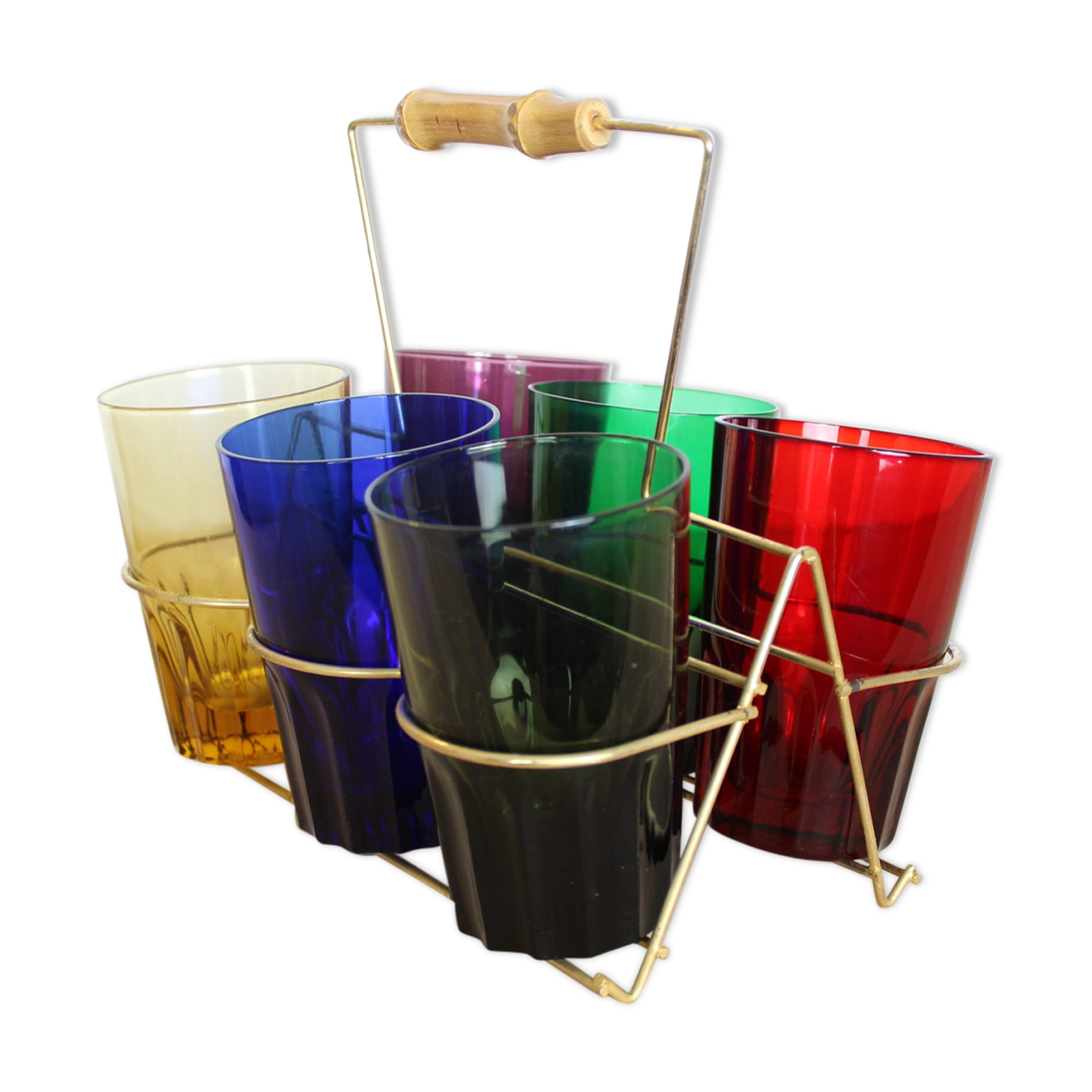 Set of 6 coloured glasses in their brass holder, basket