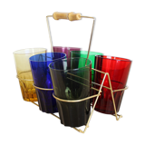 Set de 6 verres colorés dans leur support, panier en laiton