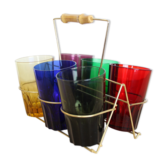 Set of 6 coloured glasses in their brass holder, basket