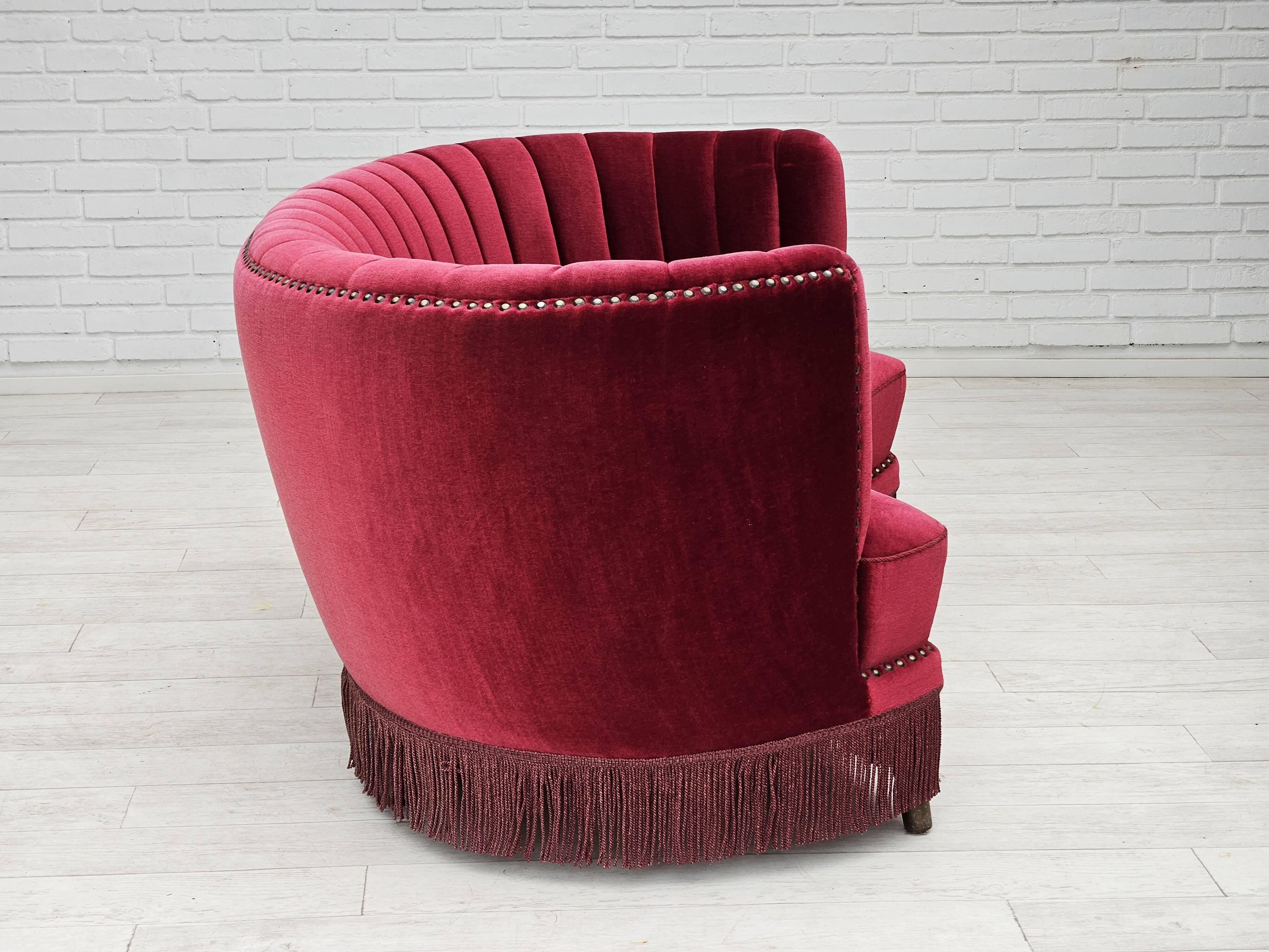 1970s, Danish 2-seater "Banana" sofa, original cherry-red velour.