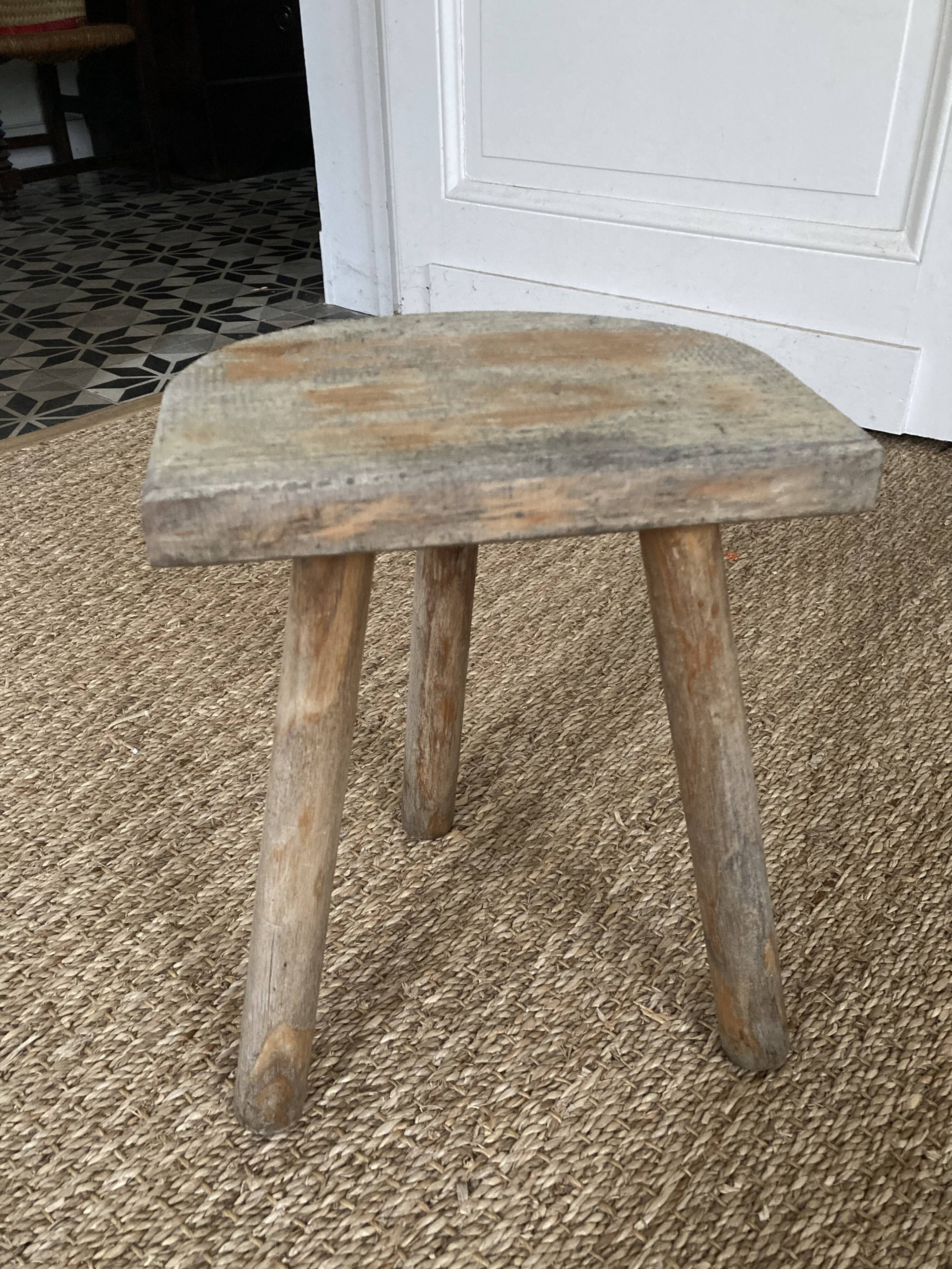 Antique brutalist wooden tripod stool
