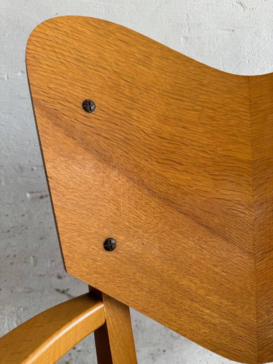 Set of 6 René-Jean Caillette Heart-Shaped Chairs, Bent Wood with Green & Burgundy Upholstery