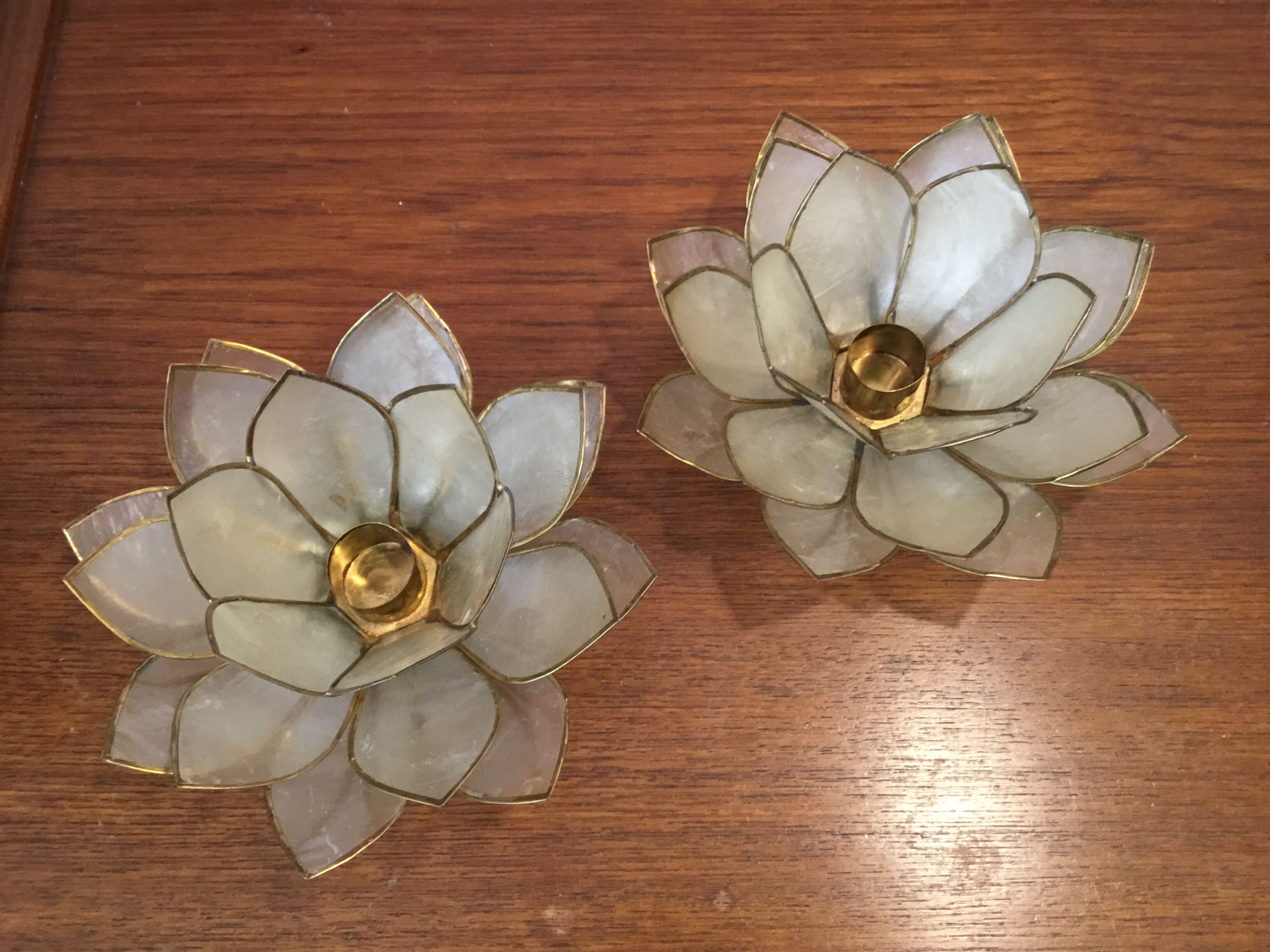 Pair of candlesticks in mother of Pearl and brass