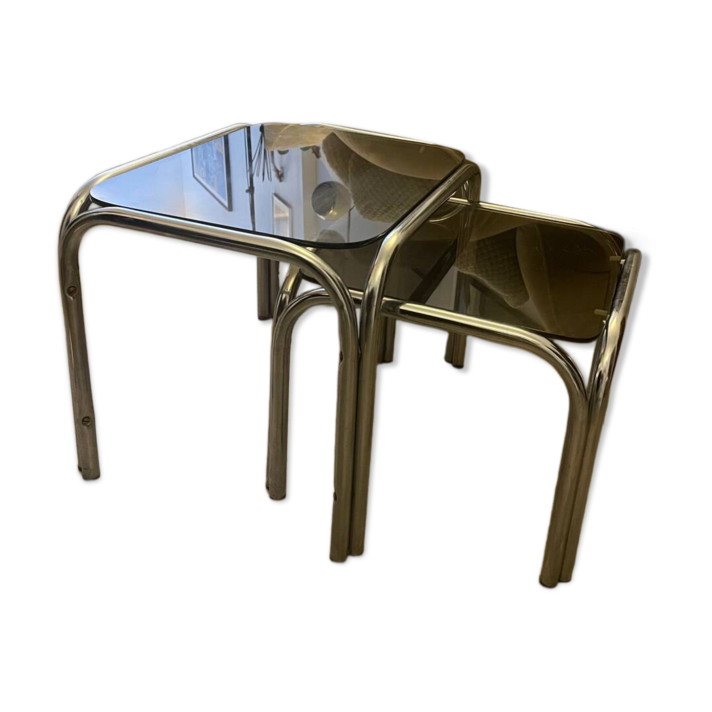 Table gigognes en chrome et verre fumé, 1970s, set de 2