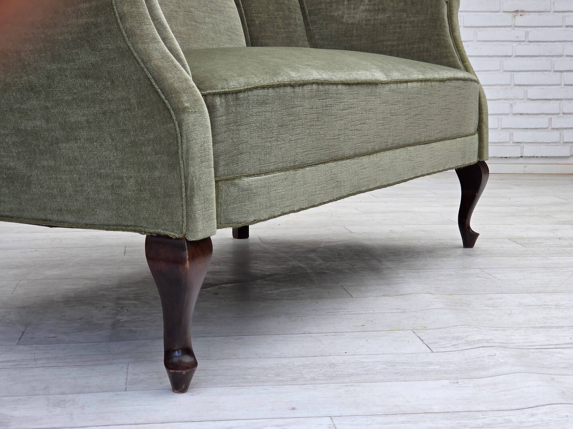 1960s, Danish 2-seater sofa, green furniture velour, beech wood.