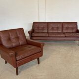 Danish mid-century Svend Skipper cognac 3 person sofa & lounge chair 1960s