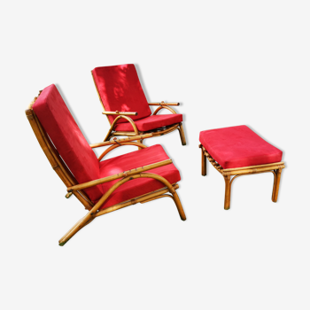 2 fauteuils en bambou et repose pied