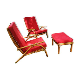 2 fauteuils en bambou et repose pied
