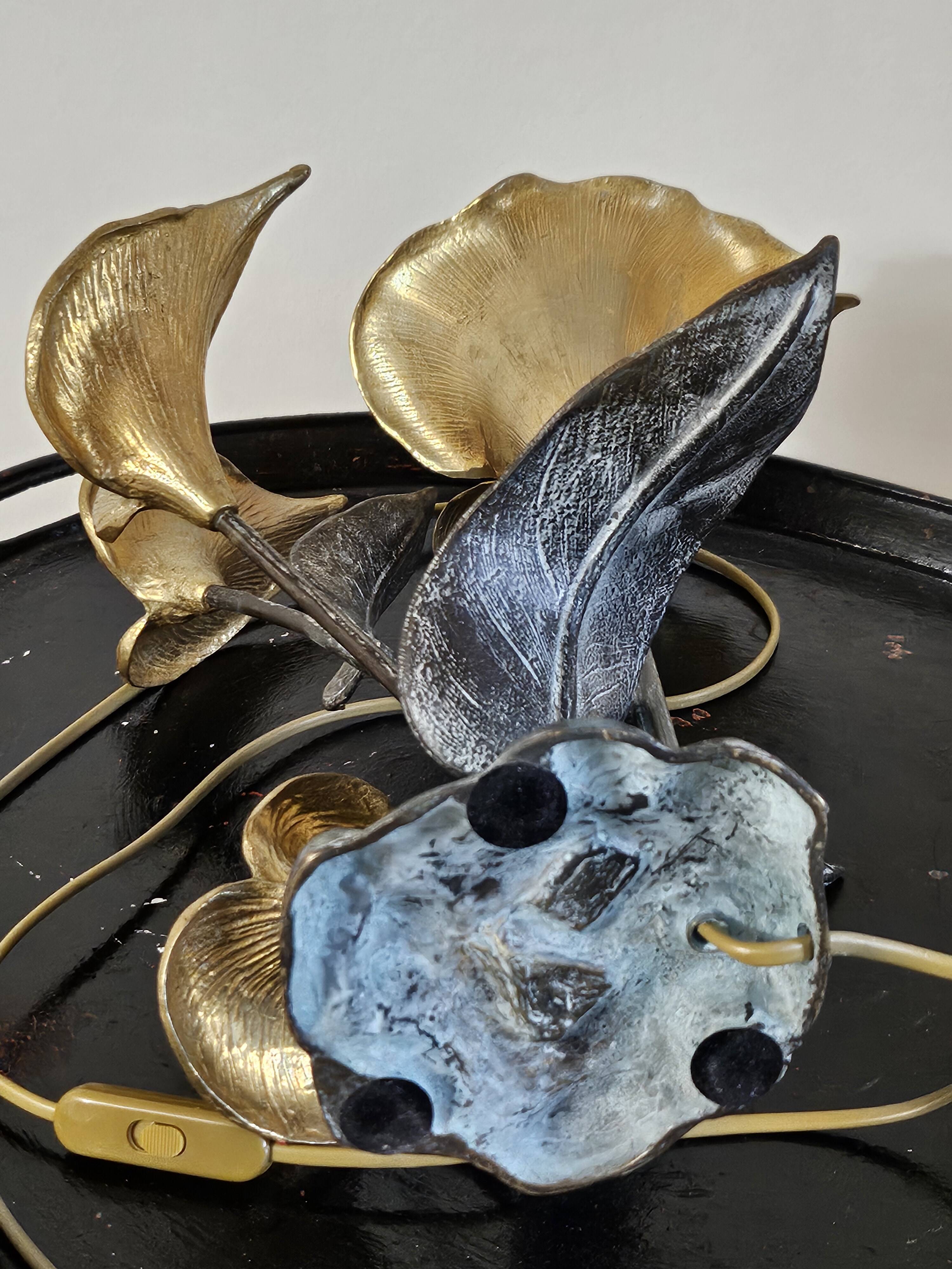 Metal sculpture lamp with golden calla lilies – 1970s
