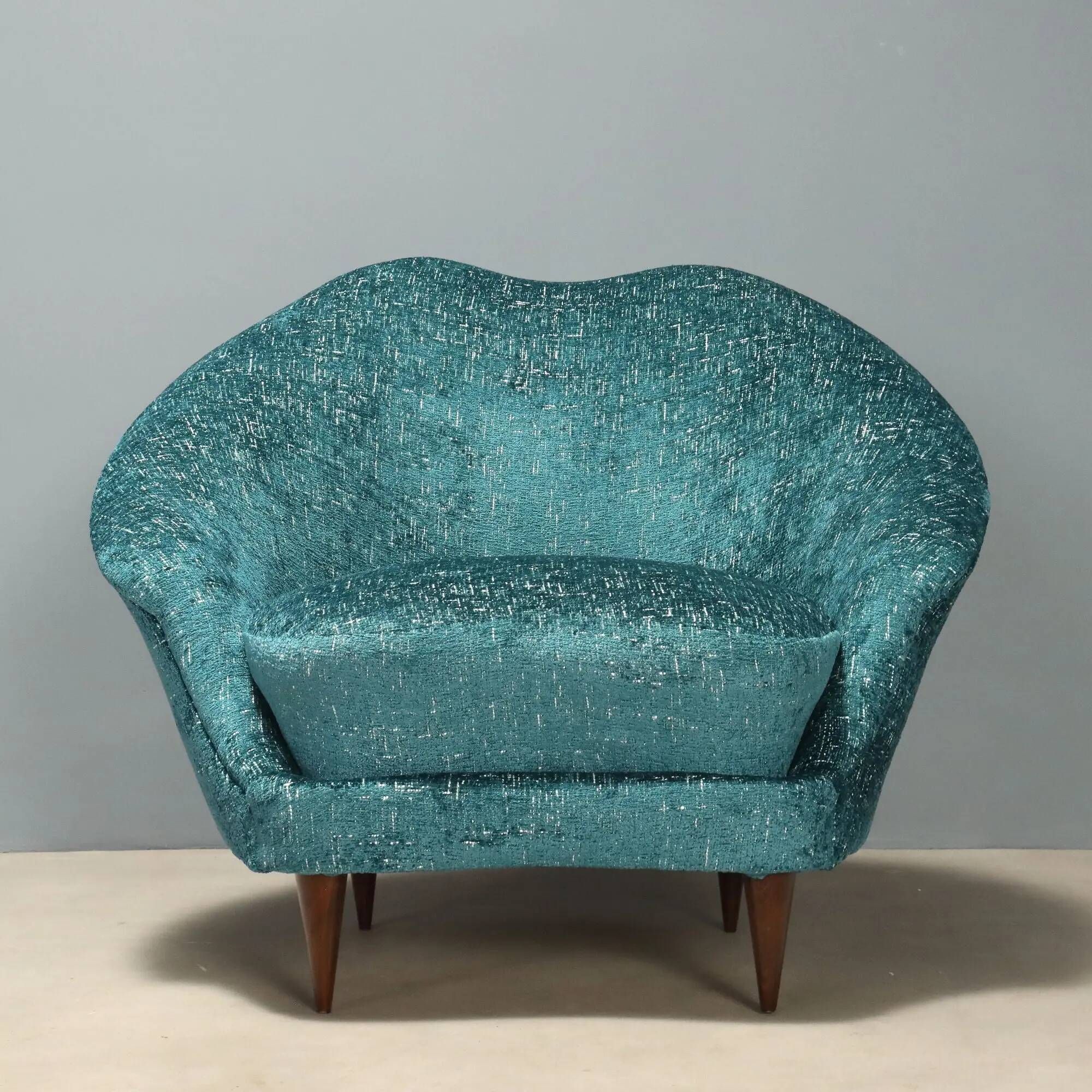 Pair of vintage armchairs in blue fabric and beech, Italy, 1950s