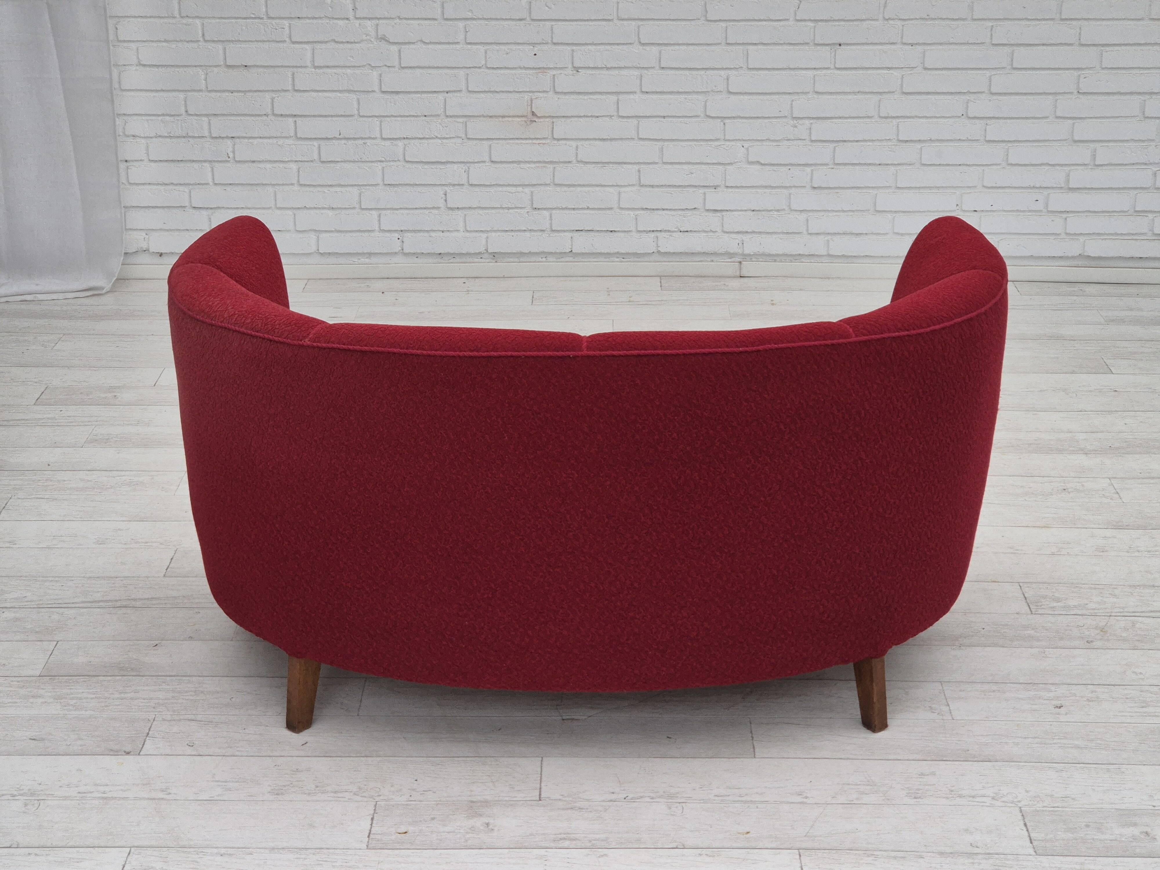 1960s, Danish 2-seater curved sofa, original red furniture fabric.