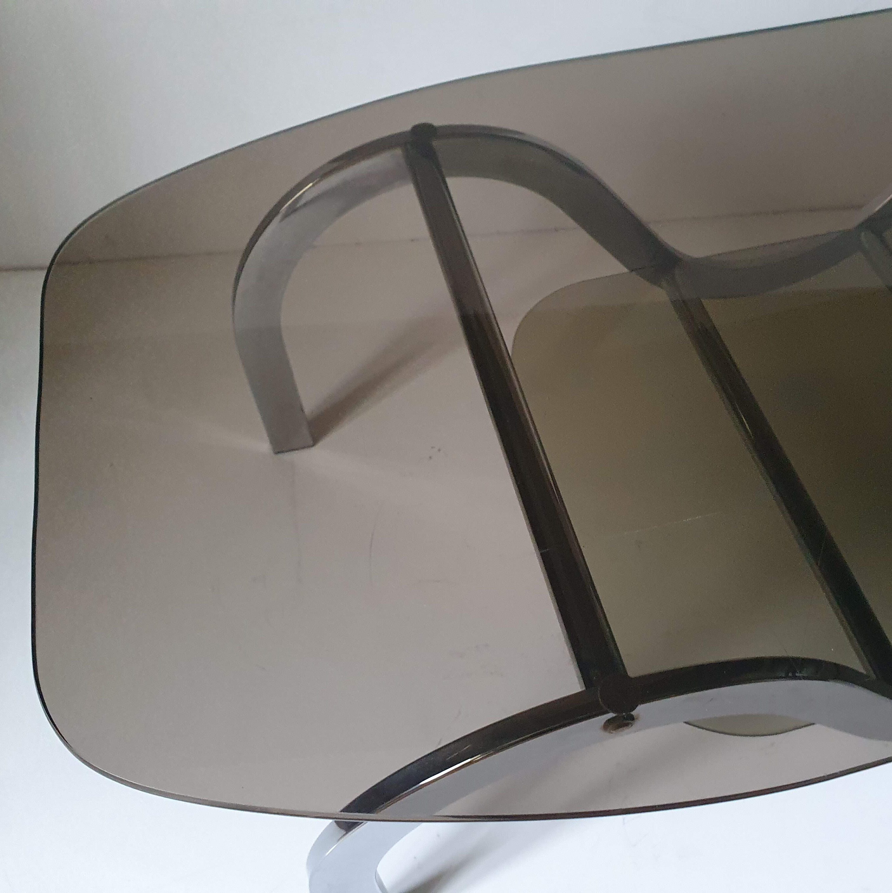 Coffee table chrome metal and smoked glass 70s