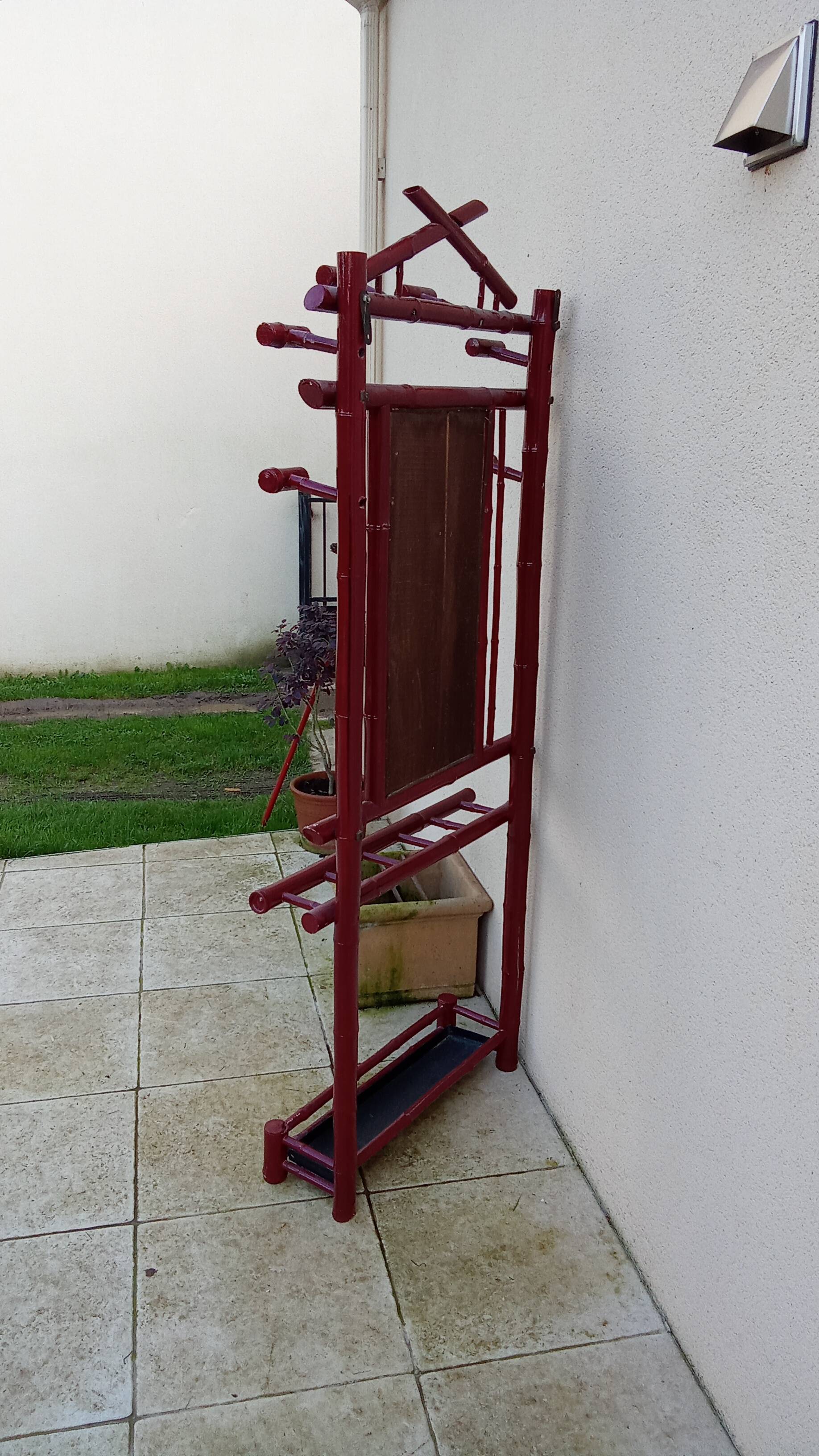 Old vintage red lacquered bamboo Asian coat rack
