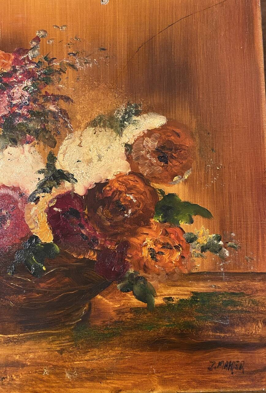 Still life with basket of wild flowers signed Mahler 20th century