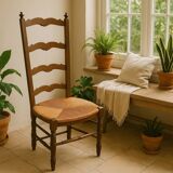 Antique wooden and straw nurse's chair - openwork backrest with bars c