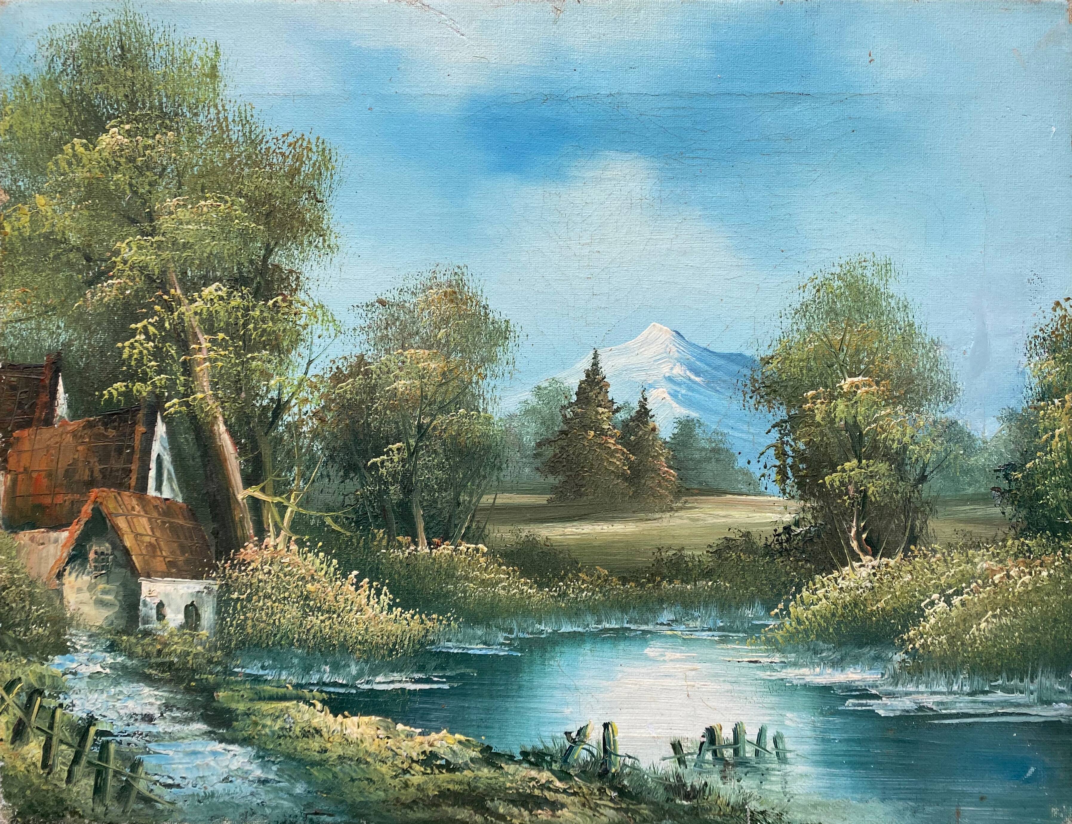 Table hst mountain lake landscape with chalets