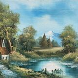 Table hst mountain lake landscape with chalets