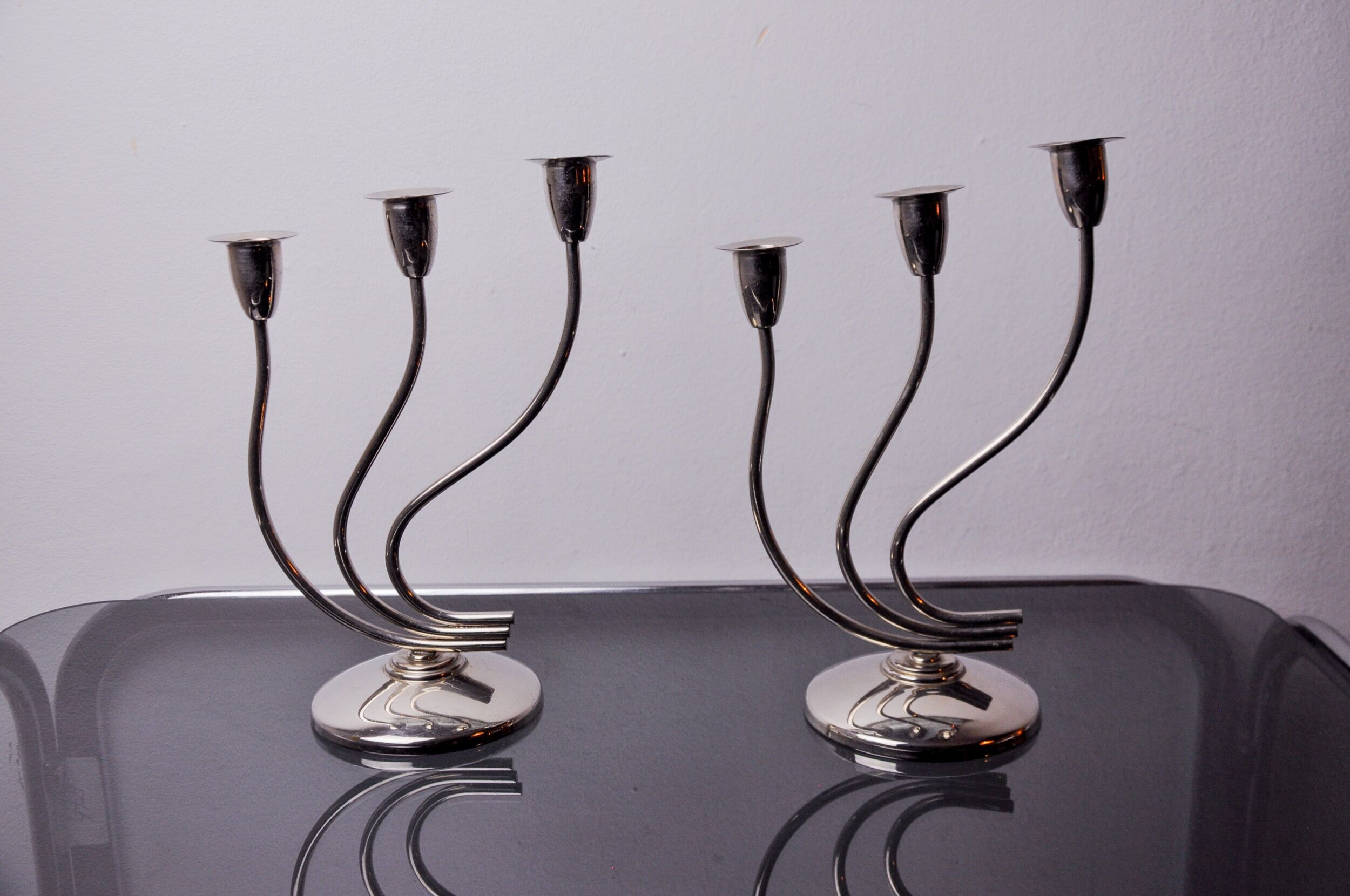 Pair of art deco candlesticks in stainless steel 3 flames, Spain, 1970